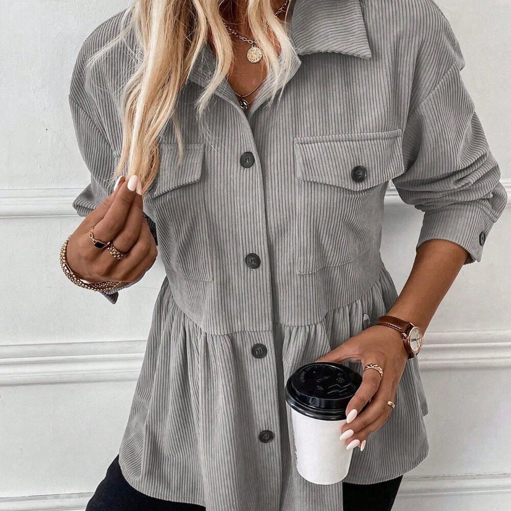 Grey Casual Women's Flap Pocket Drop Shoulder Peplum Corduroy Coat